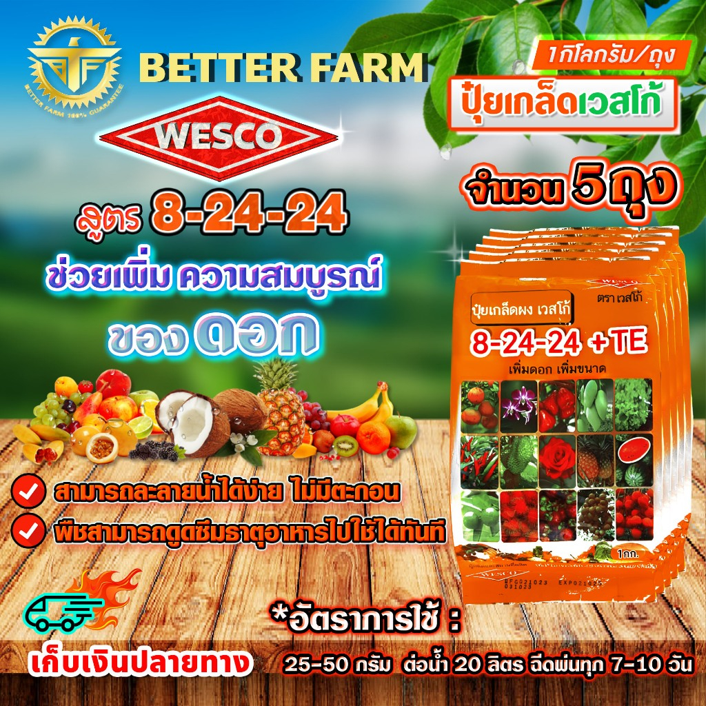 (แพ็ค5ถุง) ปุ๋ยเกร็ด เวสโก้ 8-24-24+TE WESCO สูตรเพิ่มดอก เพิ่มขนาด ละลายน้ำได้ดี บรรจุ 1 กิโลกรัม/ถุง