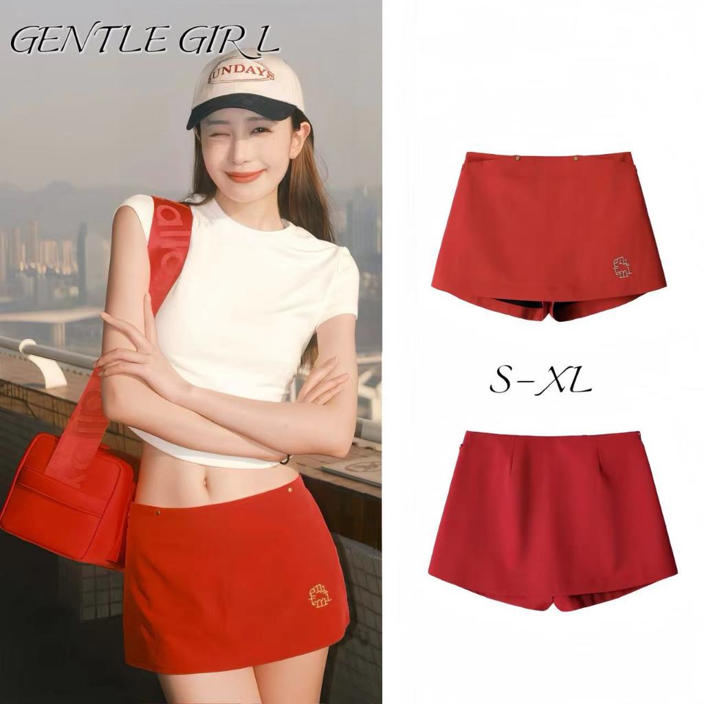 #GG🎀จัดส่งที่รวดเร็ว🎀 แฟชั่นเอวสูงสีแดงลายสก๊อตสีฟ้าหวาน กระโปรงหางเกงเอวกลางเกงสีแดงสดใส A-Line ใส่ง่าย
