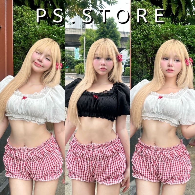 Pumpkin Top : เสื้อครอปแขนพองฟักทอง แต่งขอบระบายลูกไม้ ติดโบว์จิ๋ว (มีซับ)