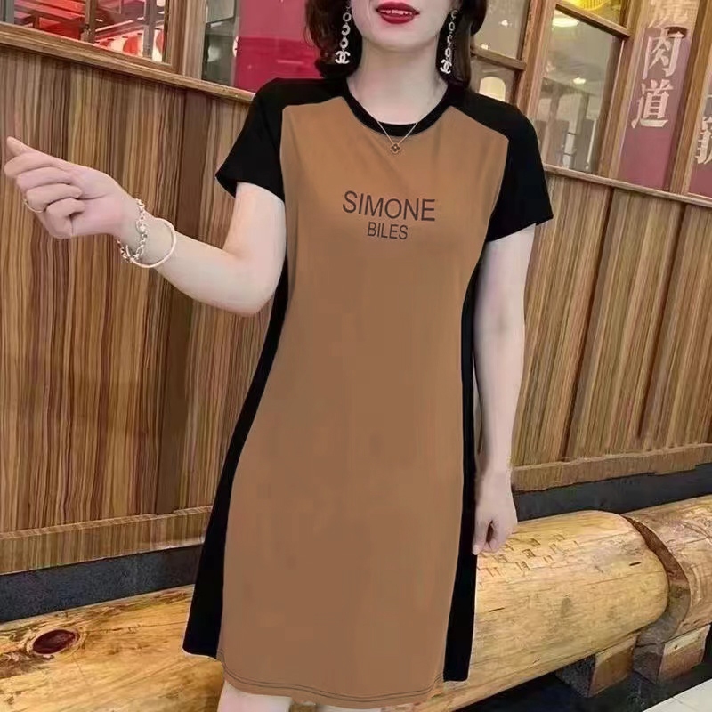 เดรสสั้นผู้หญิง คอกลม แขนสั้น สกรีนลายภาษาอังกฤษ ผ้ายืด ผ้าบางนิ่ม สวมใส่สบาย