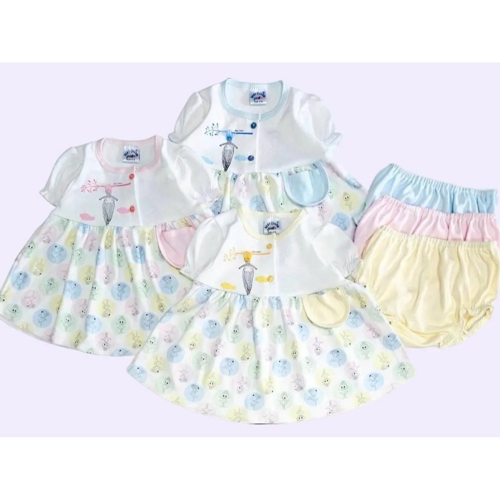 ชุดเดรสลูกสาว Baby Charm กระดุมหน้า+แต่งกระเป๋าหน้า พร้อมกางเกงใน Size 3-6M/6-12M
