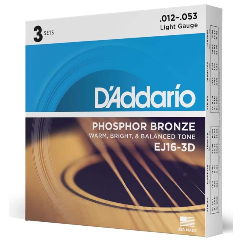 สายกีตาร์อะคูสติก D'Addario EJ15/EJ16/EJ26 - สีบรอนซ์ฟอสเฟอร์ แพ็ค 3 สาย