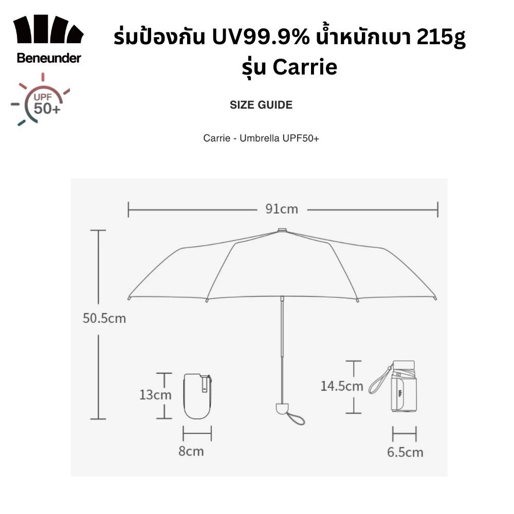 Beneunder ร่มป้องกันแดด UV99.9% UPF 50+ เบาเพียง 215g รุ่น Carrie - รูปที่ 7