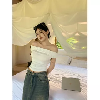 เสื้อยืดแขนสั้นไหล่เดียวสีขาวผู้หญิง เสื้อครอปปาดไหล่ เซ็กซี่ ทรงเข้ารูป ทรงสวย #15266