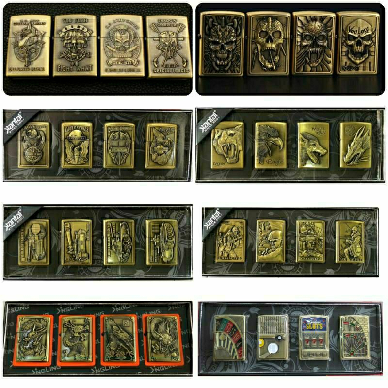 ไฟแช็คน้ำมัน ยกชุด 1 เซ็ตมี 4 ชิ้น อยู่ในกล่องอย่างดี มีมากกว่า 50 แบบ ให้เลือก ( รวมมาให้แล้ว)