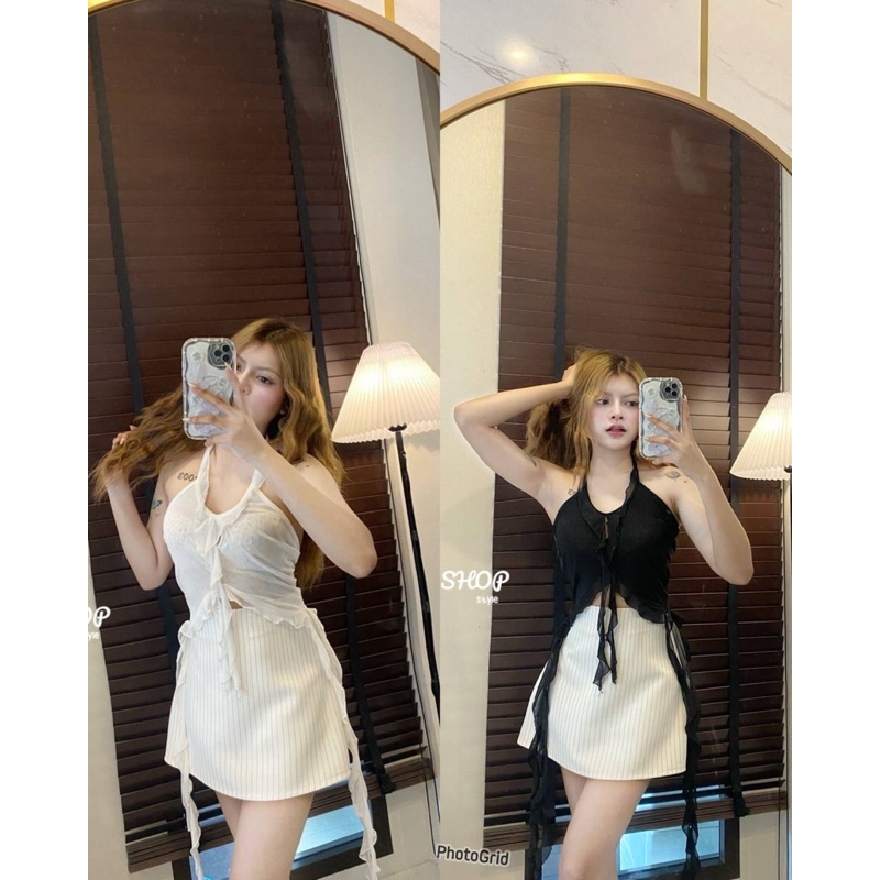mnv_shop New Arrival คล้องคอผูกหลัง ผ้าซีทรู คอยู ชายแต่งระบาย สไตร์สาวเวียดนาม