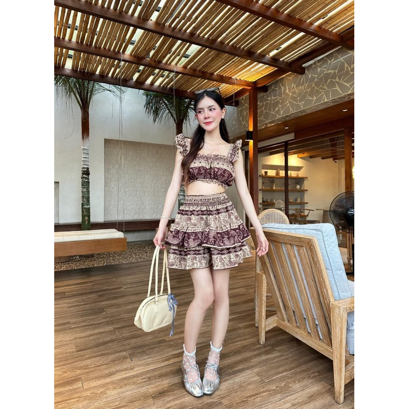 ชุดเซ็ตสายเดี่ยว+กระโปรงระบายสั้น “ลายช้างล้านนา”ชุดน่ารักมาก ผ้านิ้มใส่สบาย พร้อมส่ง