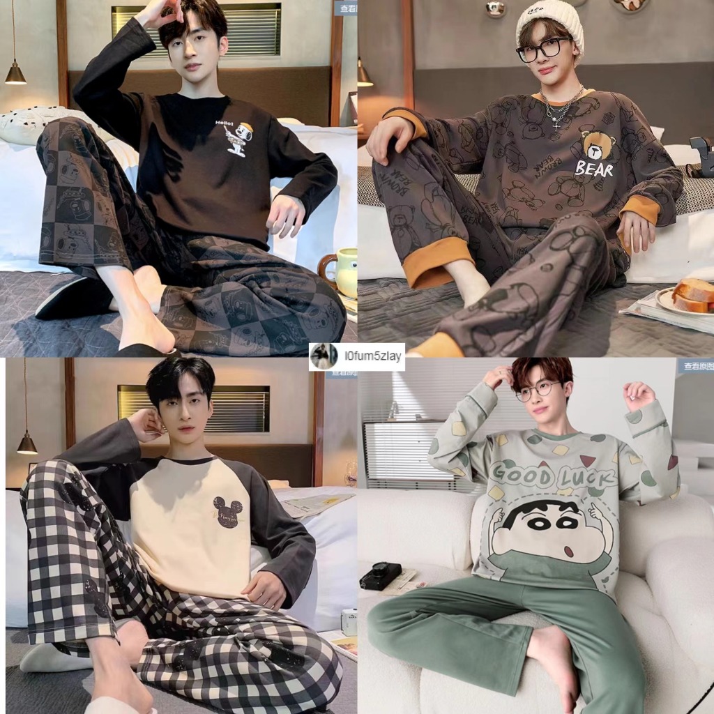 M-4XL ราคาถูกที่สุด ชุดนอนผู้ชาย ชุดนอนผ้าฝ้ายแขนยาว