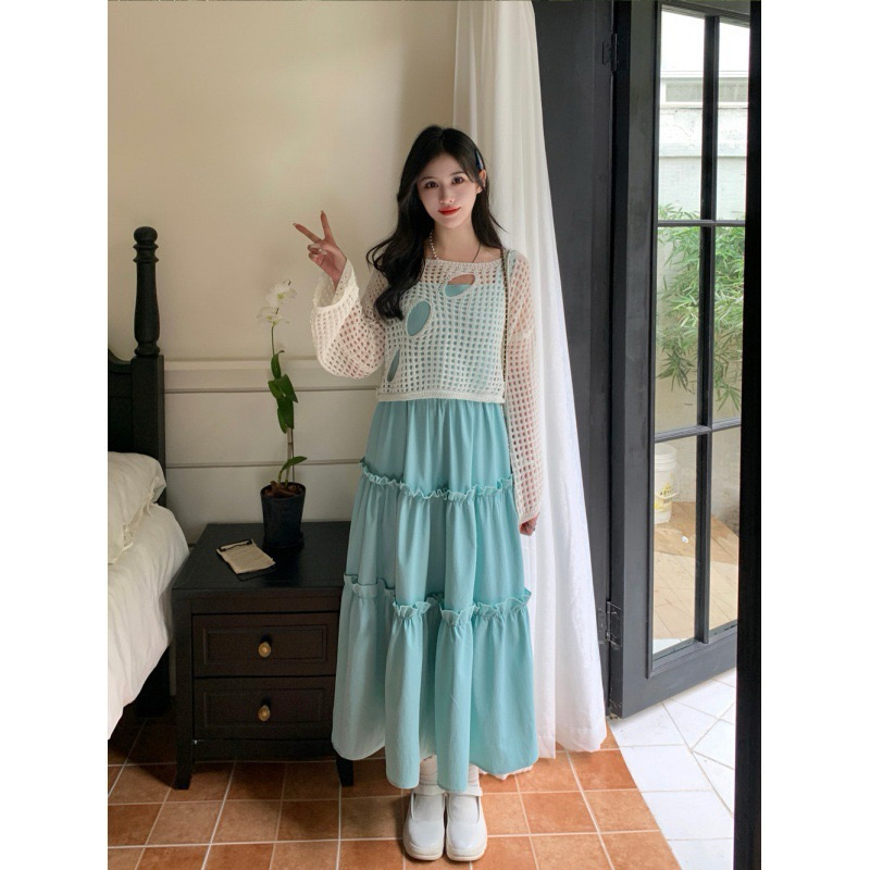 เดรสกับเสื้อตาข่ายไหมพรม พร้อมส่ง(ส่งฟรี)