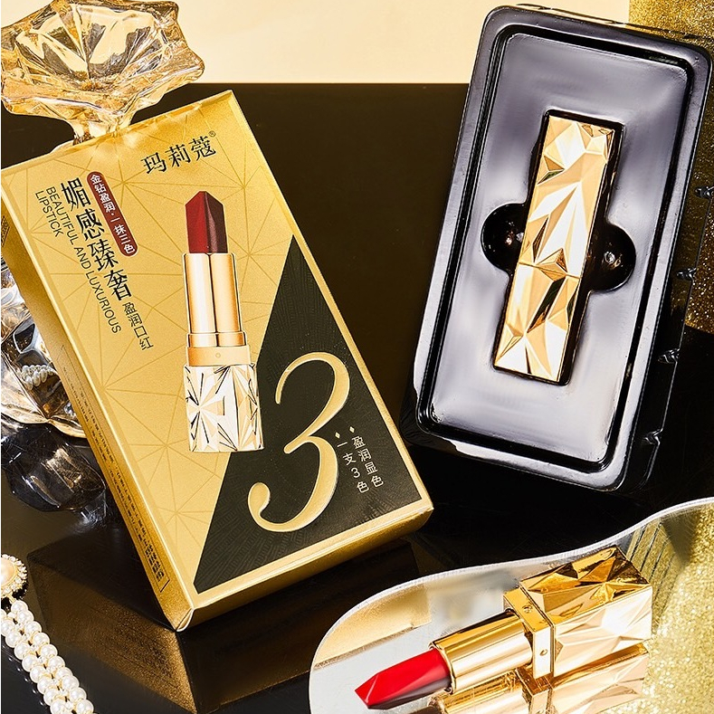 ลิปสติก 3 in 1 สีสวย ติดทนทาน 3สีในแท่งเดียว เม็ดสีสูง ลิปแมตต์ ริมฝีปากไม่แห้ง -- CP6385