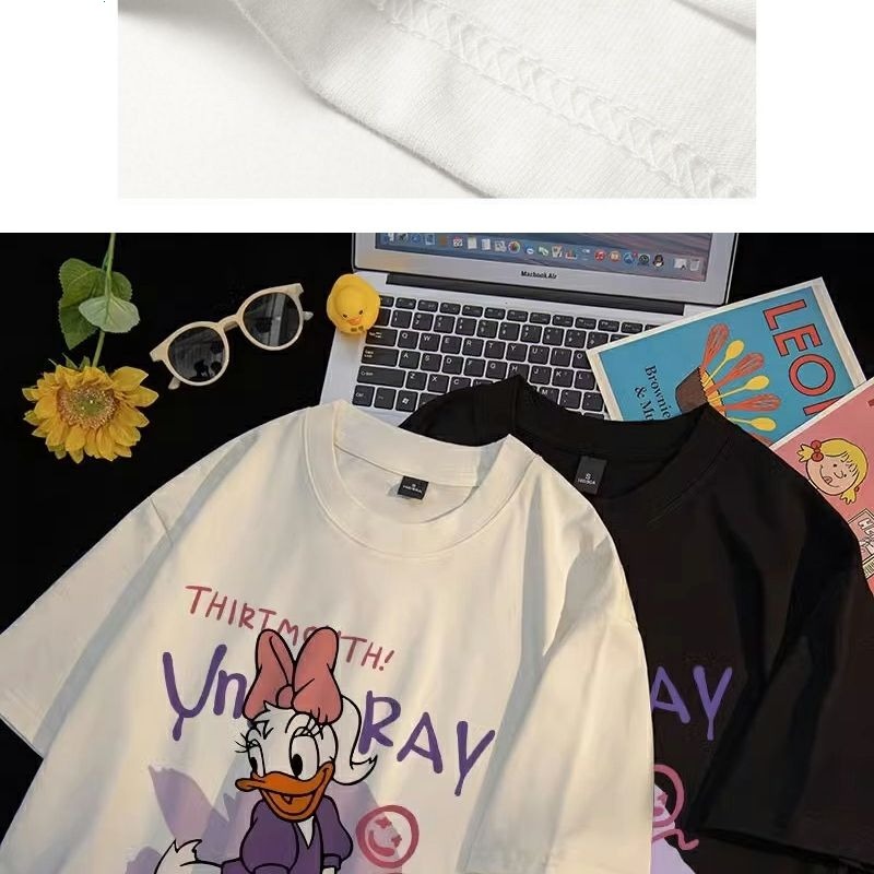 ร้อยแขนสั้น 2024 ฤดูร้อนใหม่การ์ตูนพิมพ์เสื้อยืดผู้หญิงเทรนด์เฉพาะกลุ่มความรู้สึกหลวมด้านบน