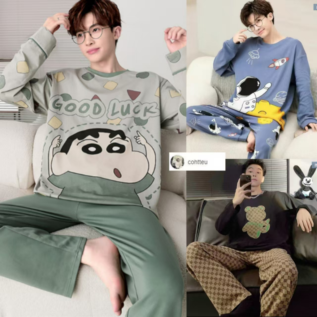 [ราคาถูกที่สุด]ชุดนอนผู้ชาย เสื้อยืดการ์ตูน + กางเกง 16 รูปแบบ M-4XL