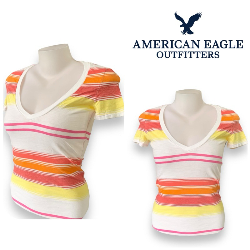American Eagle ( SA172 ) เสื้อยืดคอวี แขนสั้น รัดรูป ผ้าบาง ผู้หญิง สีขาวลายขวางสีสัน