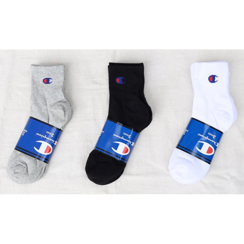 พร้อมส่งในไทย ถุงเท้า Champion ผ้าcotton เนื้อนุ่ม 1 แพ็ค มี3คู่ มี3สี ขาว ดำ เทา ไซส์ 35-44