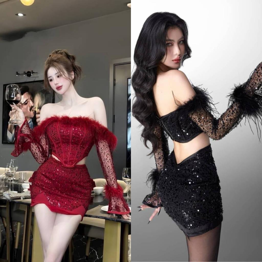 Kulist เซ็ตผ้าสวยหรูเสื้อครอบปาดไหล่แขนยาว ตรงแขนตัดต่อขนนก