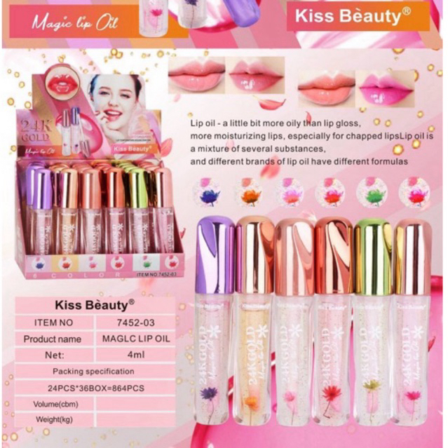 🌟ยกถาด/24ชิ้น🌟 No.7452-03 Kiss Beauty 24K Gold Magic Lip Oil ลิปออยปากฉ่ำ