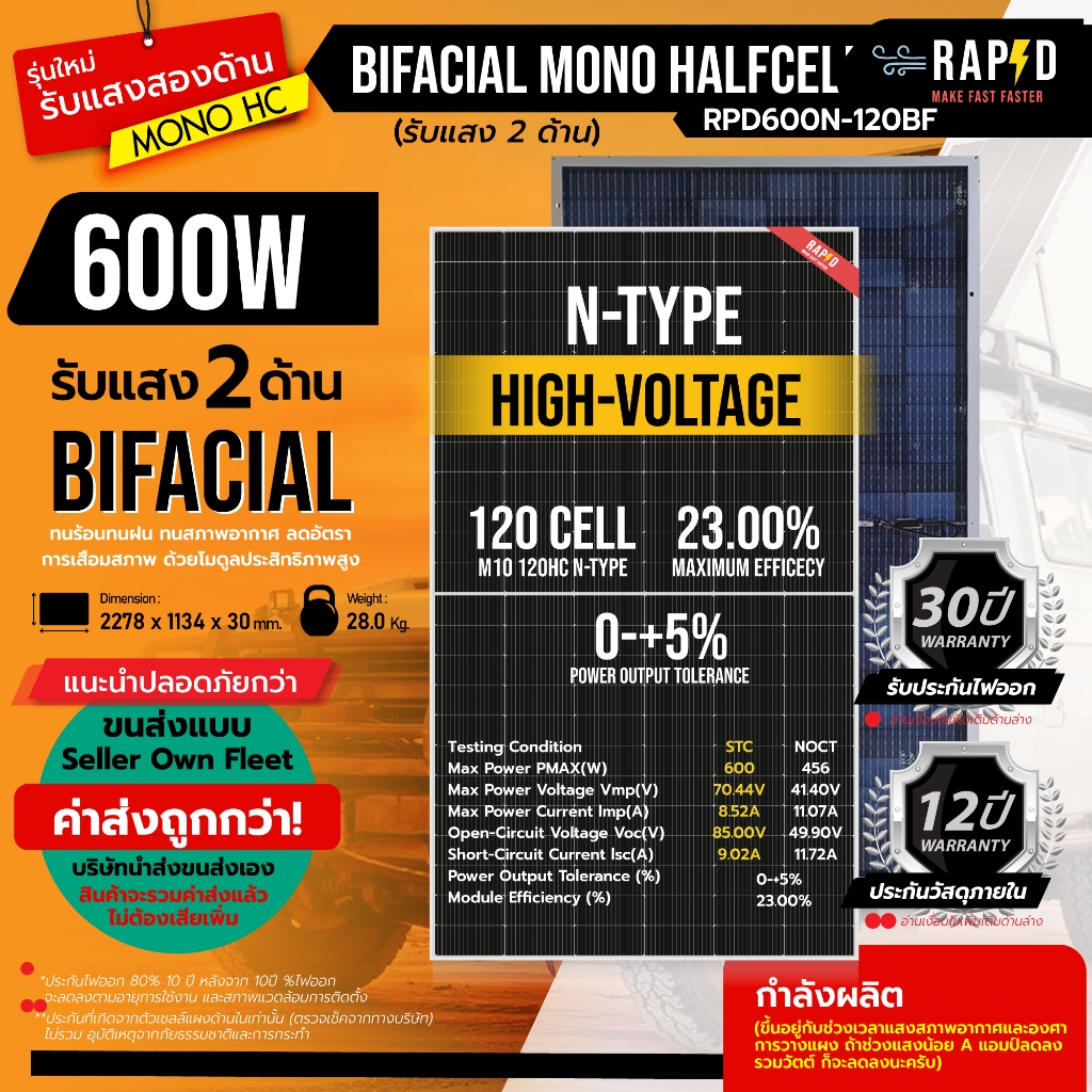 (รวมค่าส่งแล้ว) High VOL 600W Bifacial N-TYPE แผงโซล่าเซลล์ Mono half cell RAPD อ่านรายละเอียดการส่งทุกครั้ง!