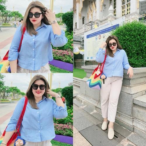 K48 เชิ้ตคอปกลายทางแขนยาว อก48