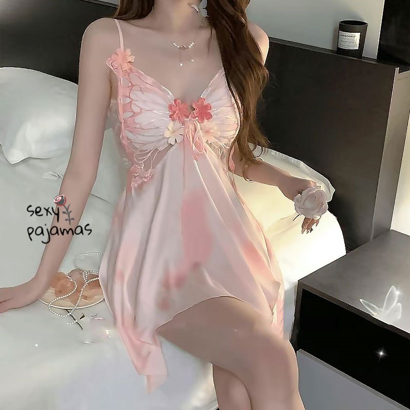 sexy pajamas ชุดยั่วเย็ด ชุดนอนลูกไม้เซ็กซี่ สีชมพู ฟรีไซส์ รูปร่างผีเสื้อ ดีไซน์ตาข่ายส่งไวจากไทย