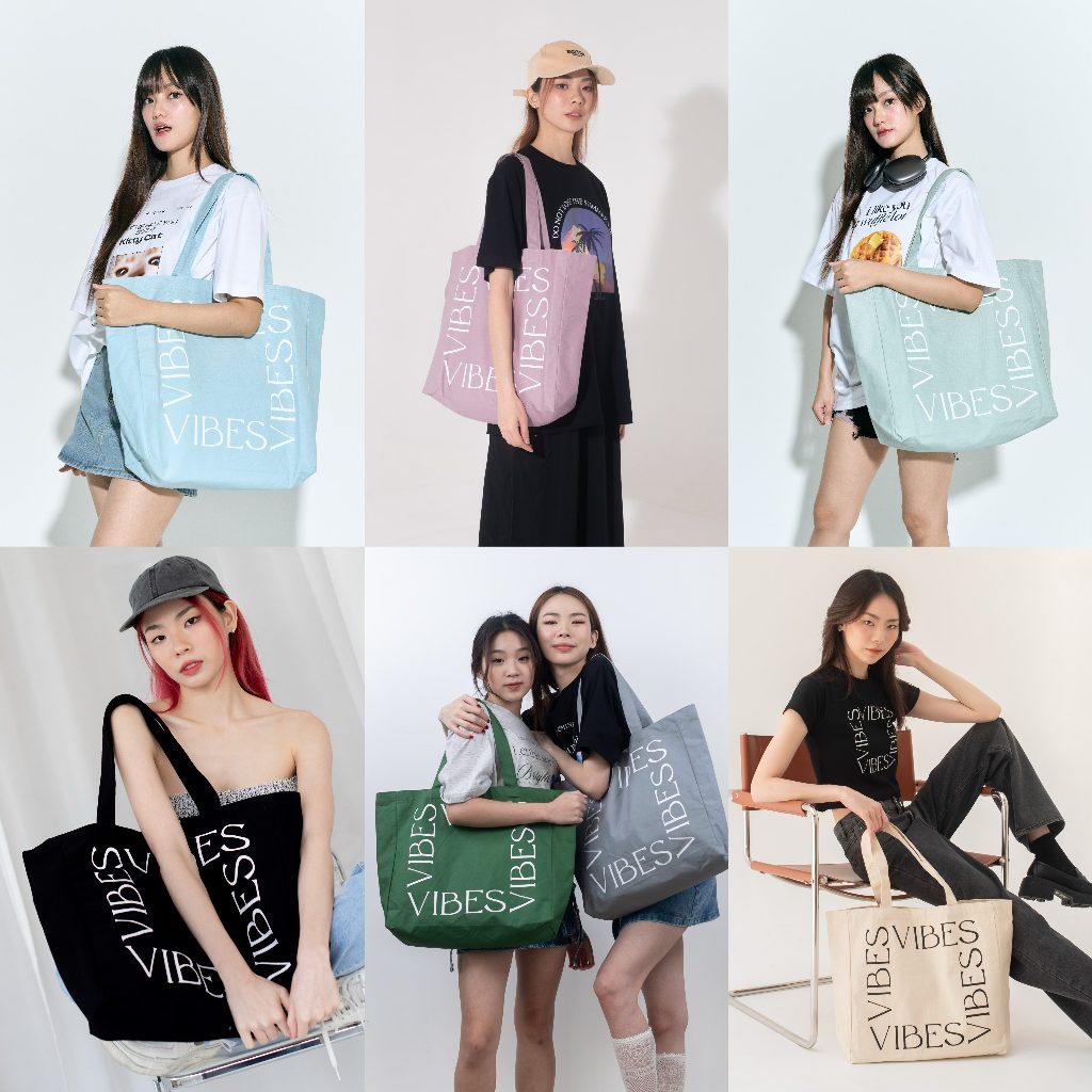 (สีใหม่! 11สี) HOT♡Vibes.brandd - Everyday of the week Box Tote bag - กระเป๋าผ้าแคนวาส ผ้ายีนส์ ทรงก