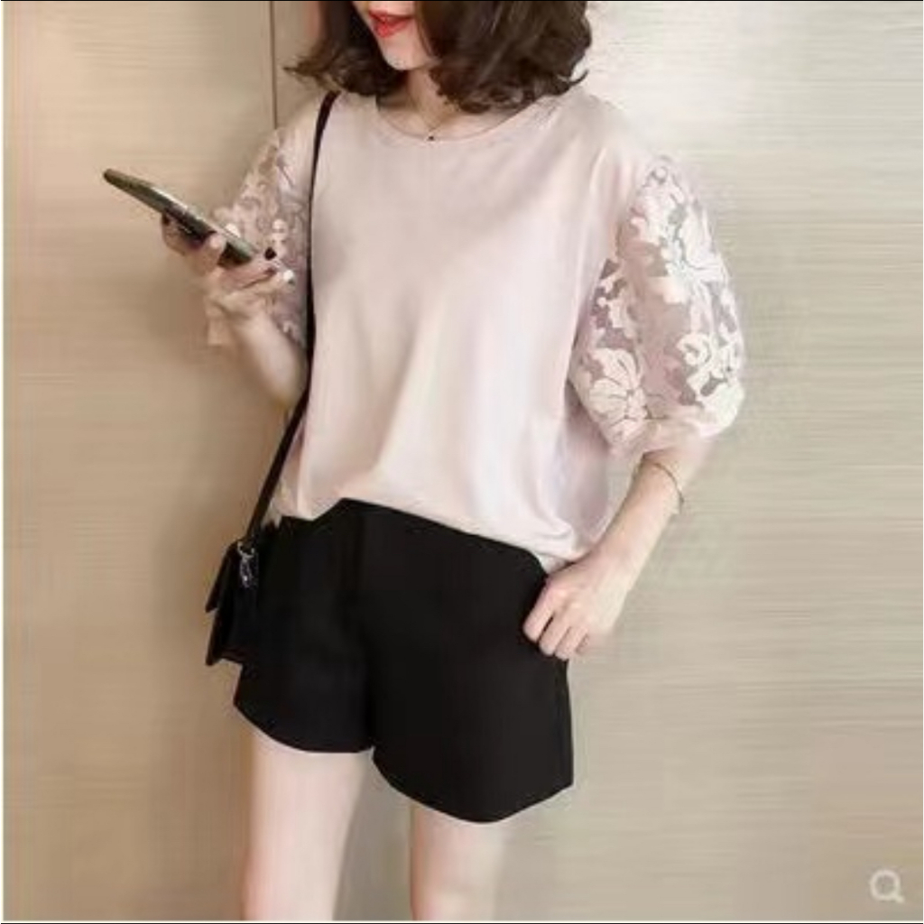 เสื้อยืด แขนสั้นผู้หญิง ใหม่เสื้อยืดแขนสั้นหญิง แขนผ้าลูกไม้ ใส่สบาย