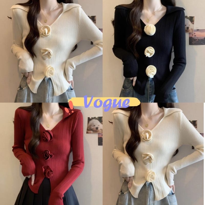 Vogue พร้อมส่ง เสื้อไหมพรมแขนยาว คอปก แต่งดอกไม้ ดีเทลผ้าร่องเล็กรัดตัว (Y-Z35)