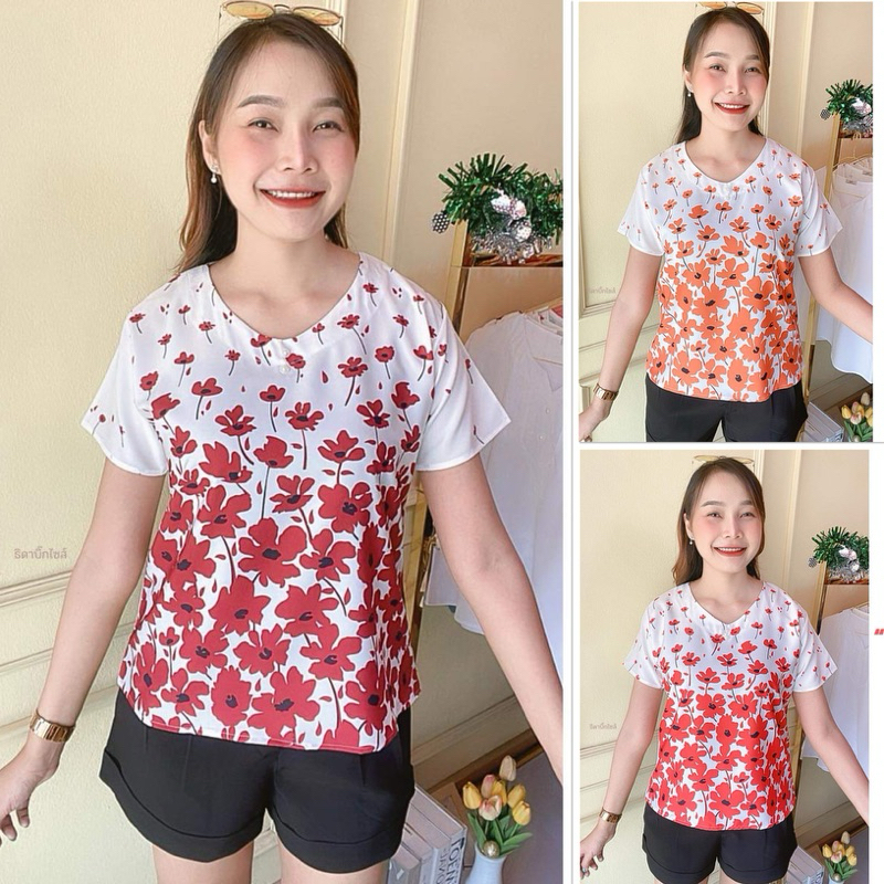 TD1 เสื้อไหมอิตาลีลายดอกป็อปปี้ คอวีแต่ไข่มุก แขนสั้น มีไซส์ อก40/42/44/46/48/50