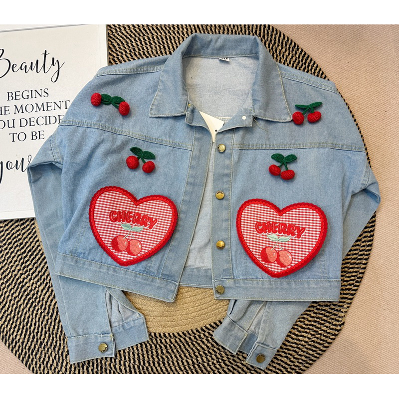 Jackets jeans ลายเชอรี่เสื้อแจ็คเก็ตยีนส์ เสื้อคลุมยีนส์ลายเชอรี่น่ารัก