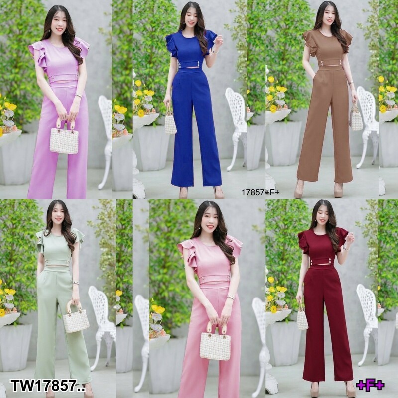 PP17857 Set 2 ชิ้น เสื้อครอปไหล่รพบาย + กางเกงขายาว