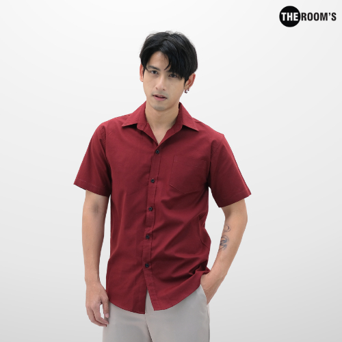 THE ROOM'S - เดอะรูม เสื้อเชิ้ต คอปก สีเลือดหมู Oxford แขนสั้น รีดง่าย ใส่สบาย - รูปที่ 2