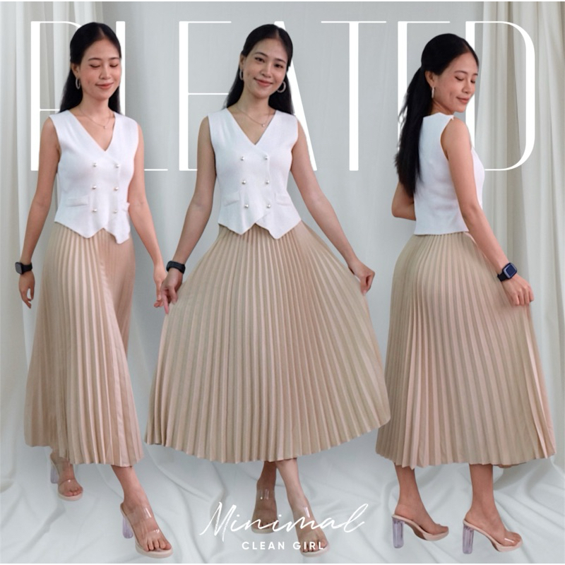 Pleat midi skirt กระโปรงอัดพลีท เนื้อผ้าดี ดีเทลยาวคลุมเข่าเอวสม็อคยืดได้เยอะ มี8สี