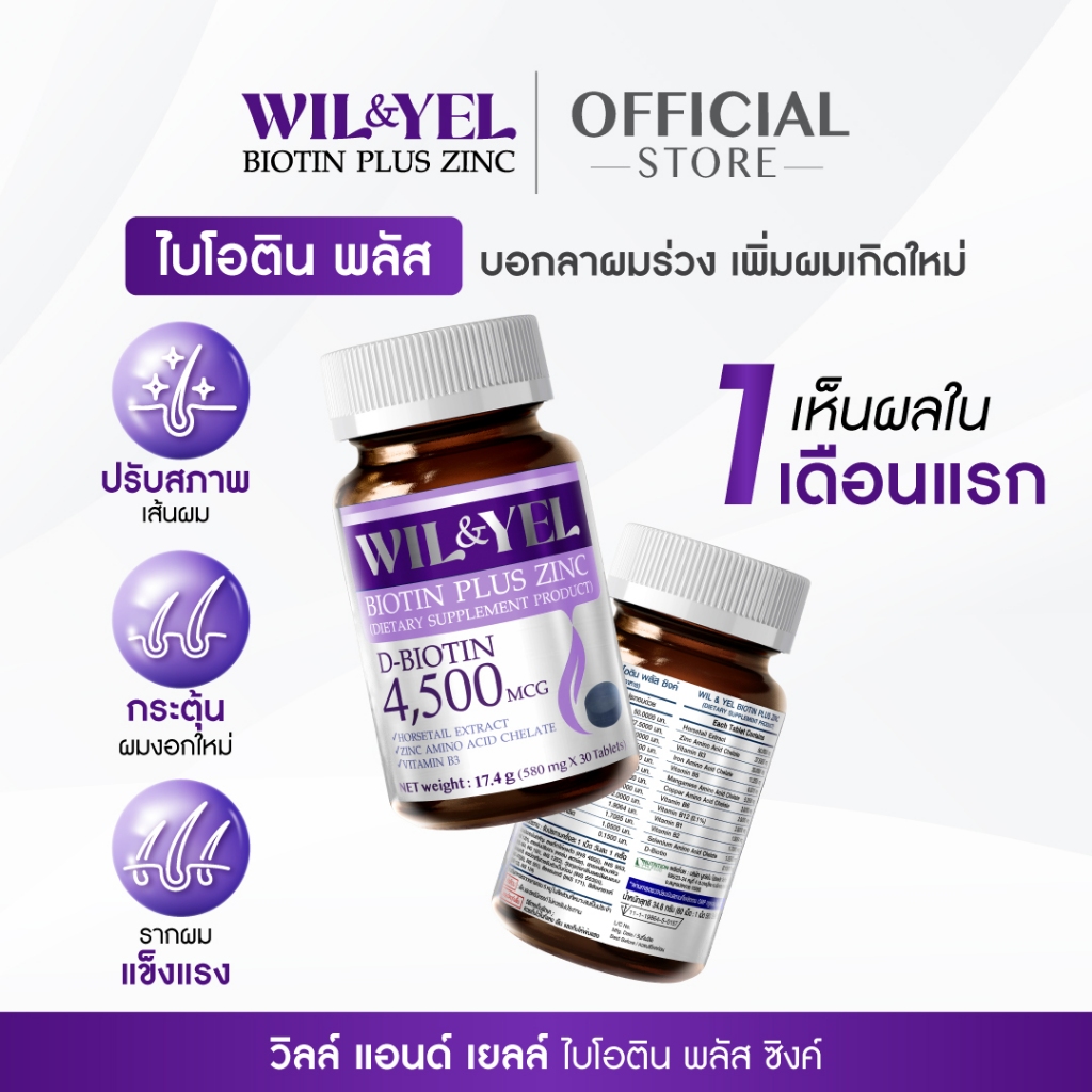 วิตามินบำรุงผม WIL&YEL Biotin Plus Zinc ลดผมร่วง ผมบาง เร่งผมหนา สุขภาพดี 1 กระปุก (30 เม็ด)