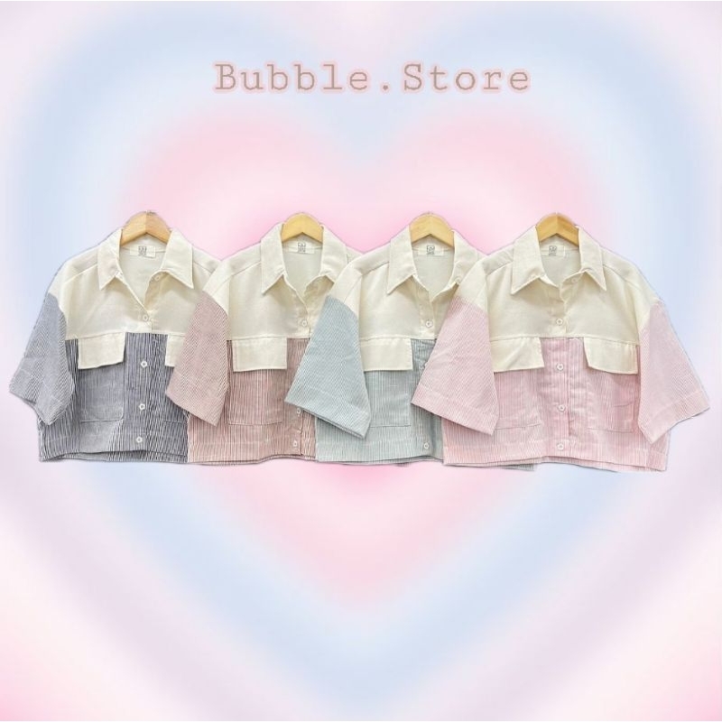 เสื้อครอปผ้าลูกฟูก ผสมผ้าคอตตอนทอลายริ้วขนาดเล็ก