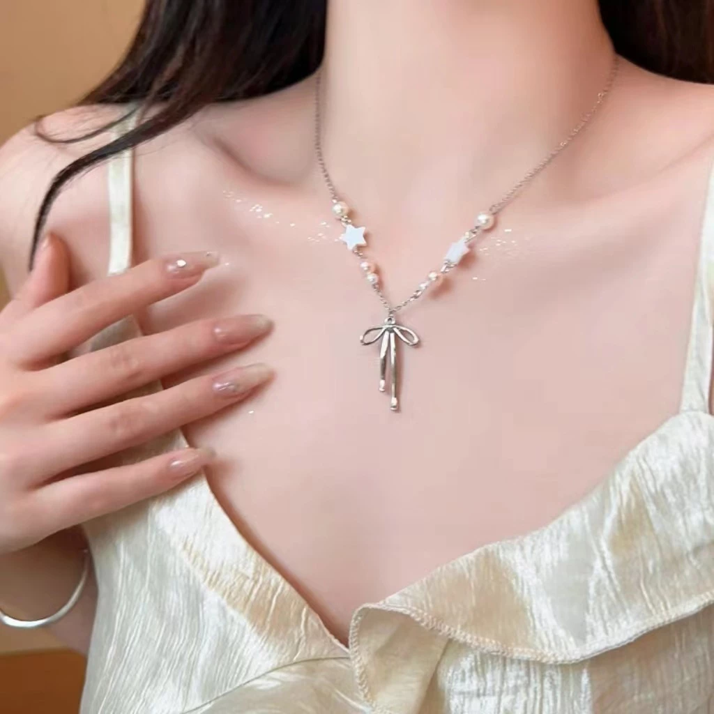 สร้อยคอโซ่ประดับไข่มุก จี้โบว์ สไตล์เกาหลี แฟชั่น INS thumbnail 6