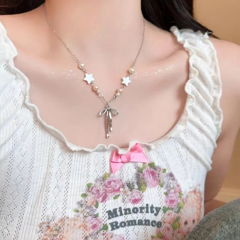 สร้อยคอโซ่ประดับไข่มุก จี้โบว์ สไตล์เกาหลี แฟชั่น INS thumbnail 3