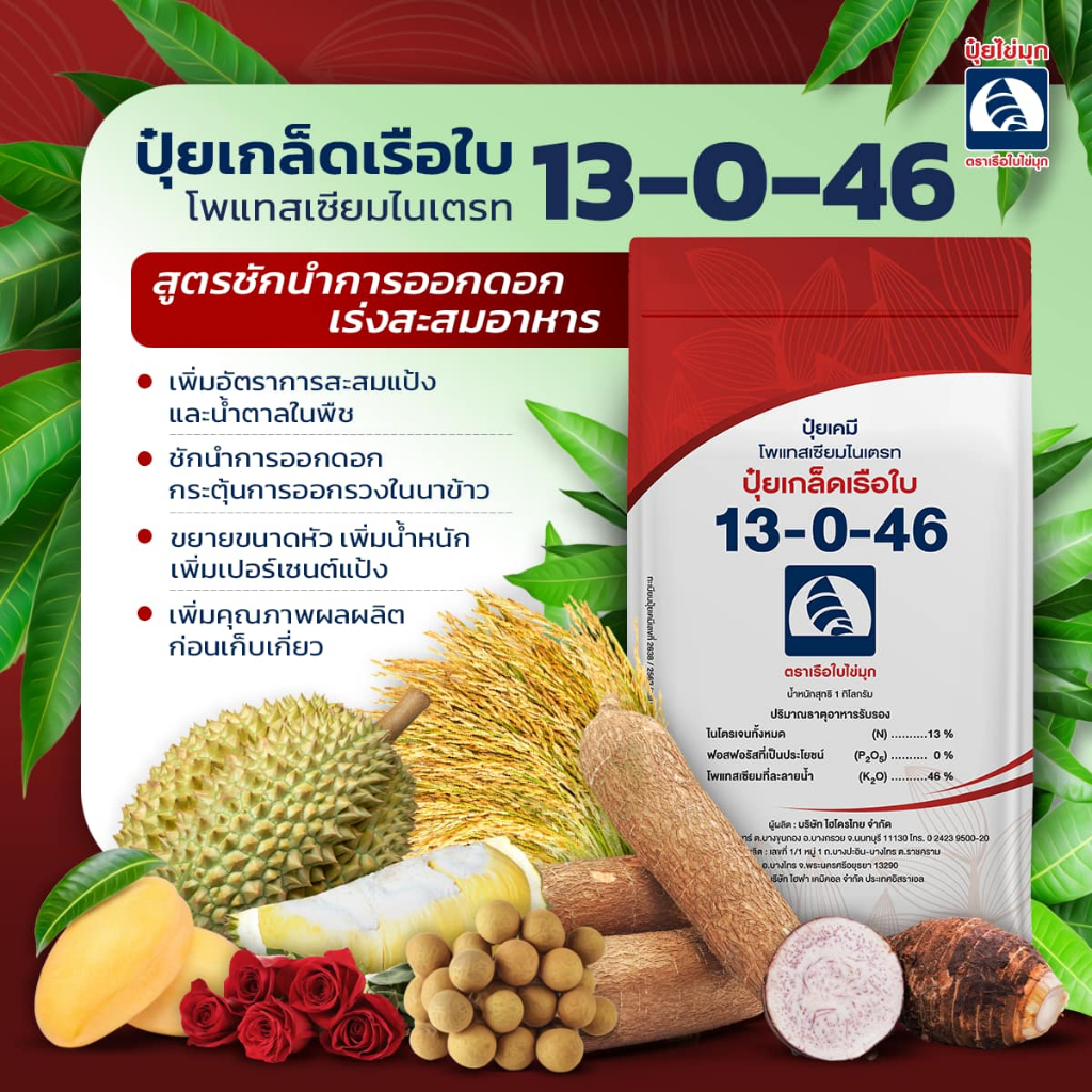 ปุ๋ยเกล็ดเรือใบไข่มุก สูตร 13-0-46 โพแทสเซียมไนเตรท ปุ๋ยเกล็ดทางใบคุณภาพสูง สูตรเร่งการสะสมอาหาร