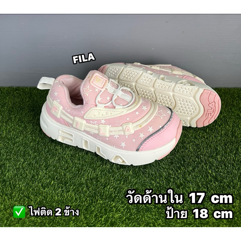 รองเท้าเด็กมือสองสภาพดี สลิปออน นุ่ม มีไฟ สีชมพูพาสเทล เบา FILA 17 cm