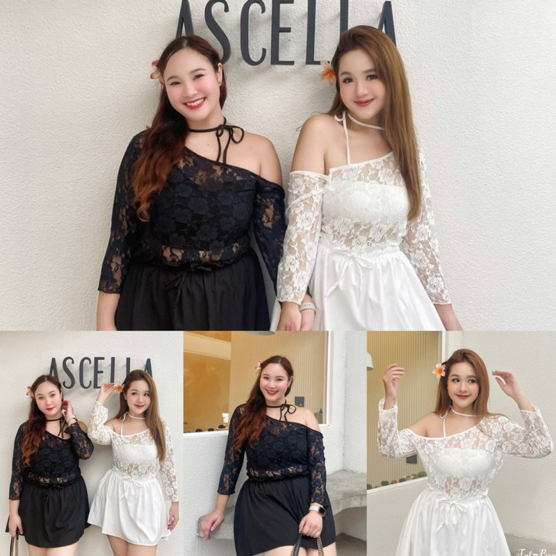 เสื้อครอปแขนยาว ผ้าลูกไม้ เสื้อปาดไหล่สาวอวบ อก40-50นิ้ว Freesize