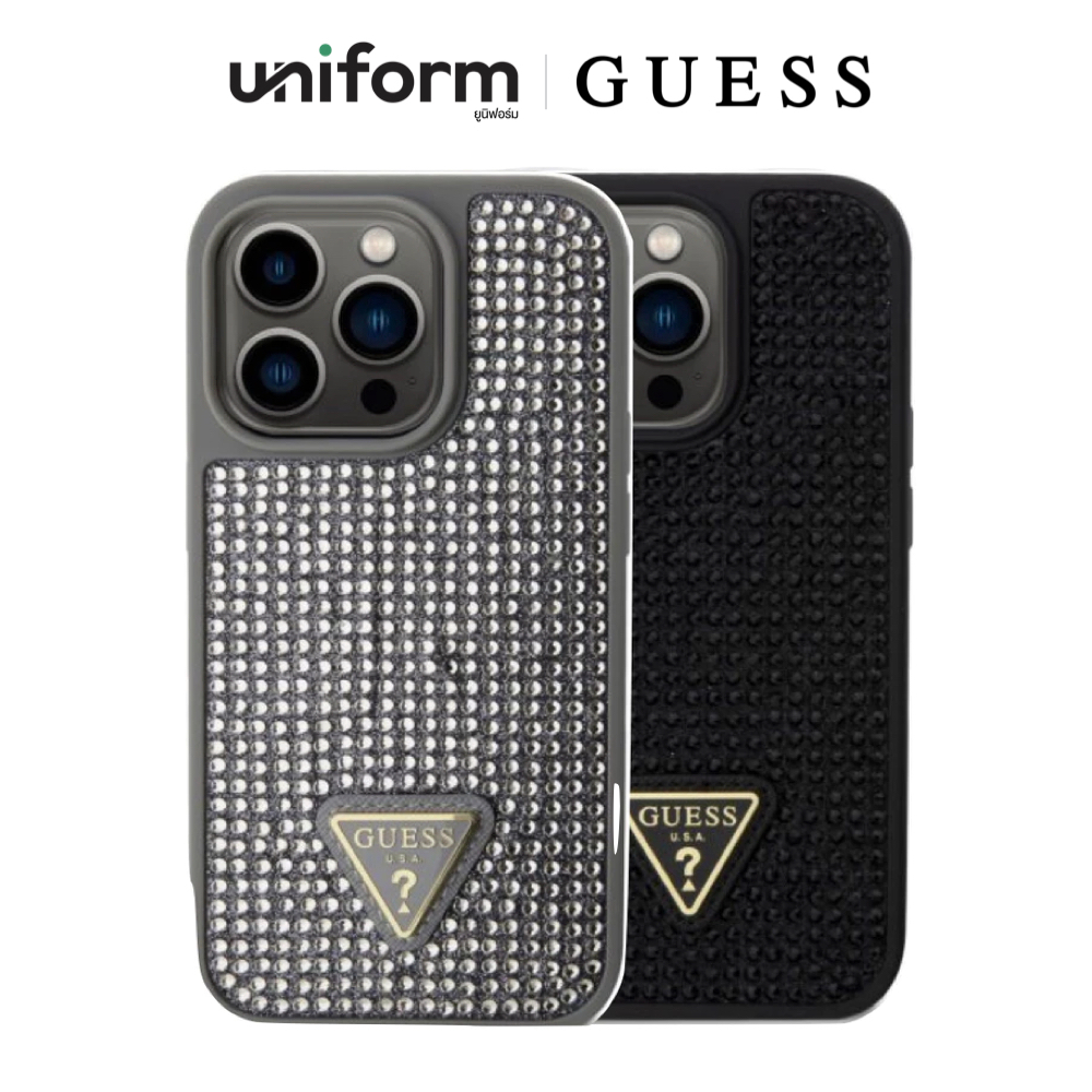 เคสมือถือ GUESS Rhinestones With Triangle Metal Patch Logo for iP 15 Pro / 15 Pro Max - Black / Silver