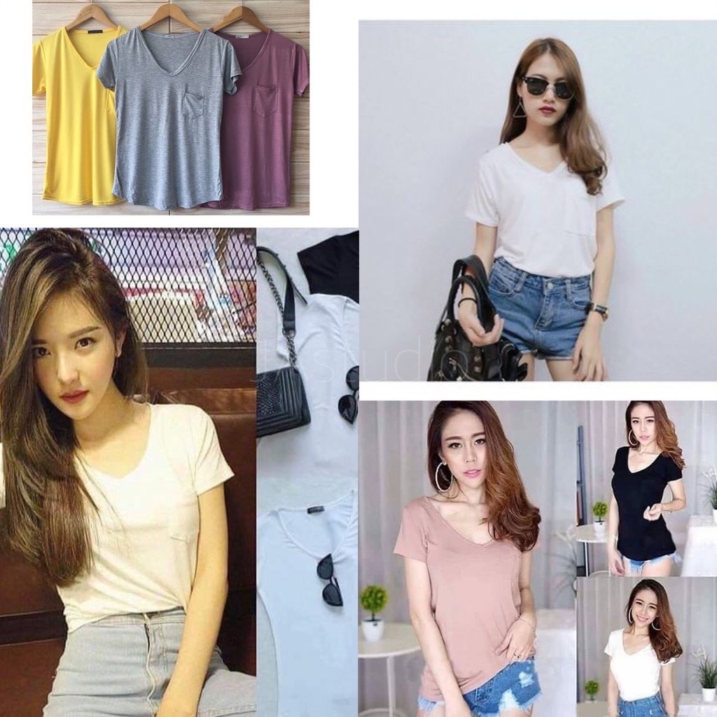 ⚡️F54-2⚡️เสื้อยืดคอวี ผ้าเรยอน มีไซส์ M-L
