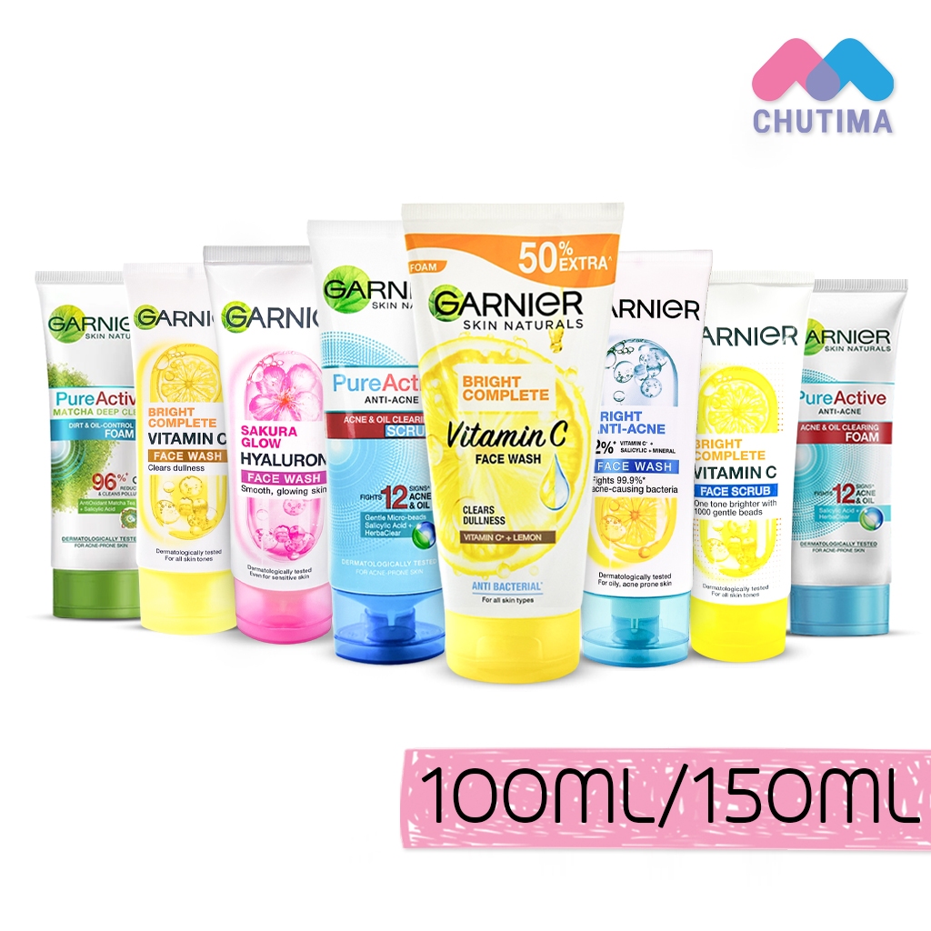 โฟมล้างหน้า การ์นิเย่ วิปโฟม สครับ Garnier Bright Complete / Pure Active / Sakura Glow Face Wash Scrub 100 ml. / 150 ml.