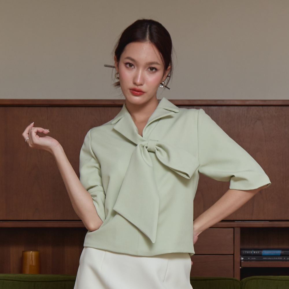 Miss office เสื้อปกเทเลอร์แขน4ส่วนเเต่งโบว์ (MT-301)