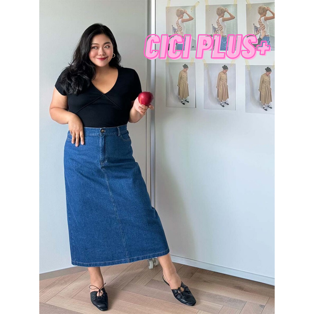 CiCi Plus+(633) กระโปรงยีนส์ยาว งานกระดุมหน้า เอวหลังสม็อค ผ่าหลัง สไตล์สาวพลัสไซส์
