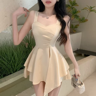 621เดรสเกาะอกจับจีบจีบช่วงเอวและกระโปรงทรงไม่สม่ำเสมอ เดรส น่ารัก เซ็กซี่ สไตล์ฝรั่งเศส