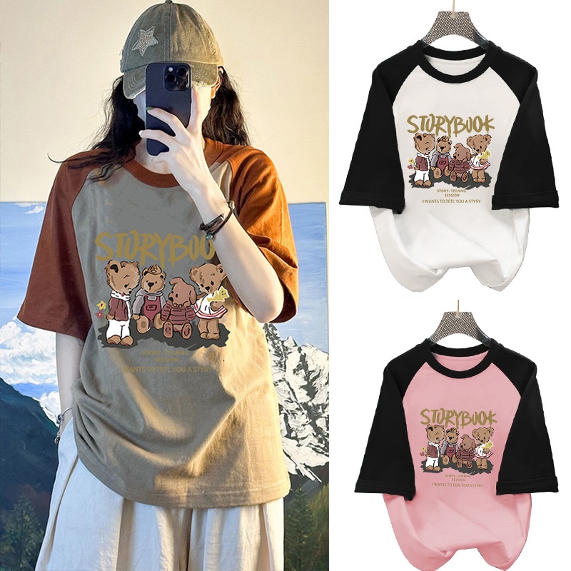 เสื้อยืดสวยๆผู้หญิงฤดูร้อนใหม่  สตรีทสีทูโทนม้าก oversize เสื้อผ้าสาวอวบน่ารักๆ เสื้อโอเวอร์ไซส์ที่กําลังฮิต ลายการ์ตูน