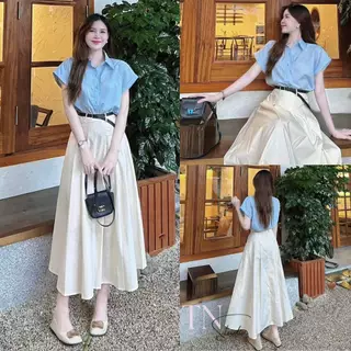 ชุดเซตกระโปรง สไตล์ผู้ดี เสื้อเชิ้ตแขนเบิ้นกระดุมหน้า+กระโปรงเอวเรียบสม็อคหลังมีซับใน A5189