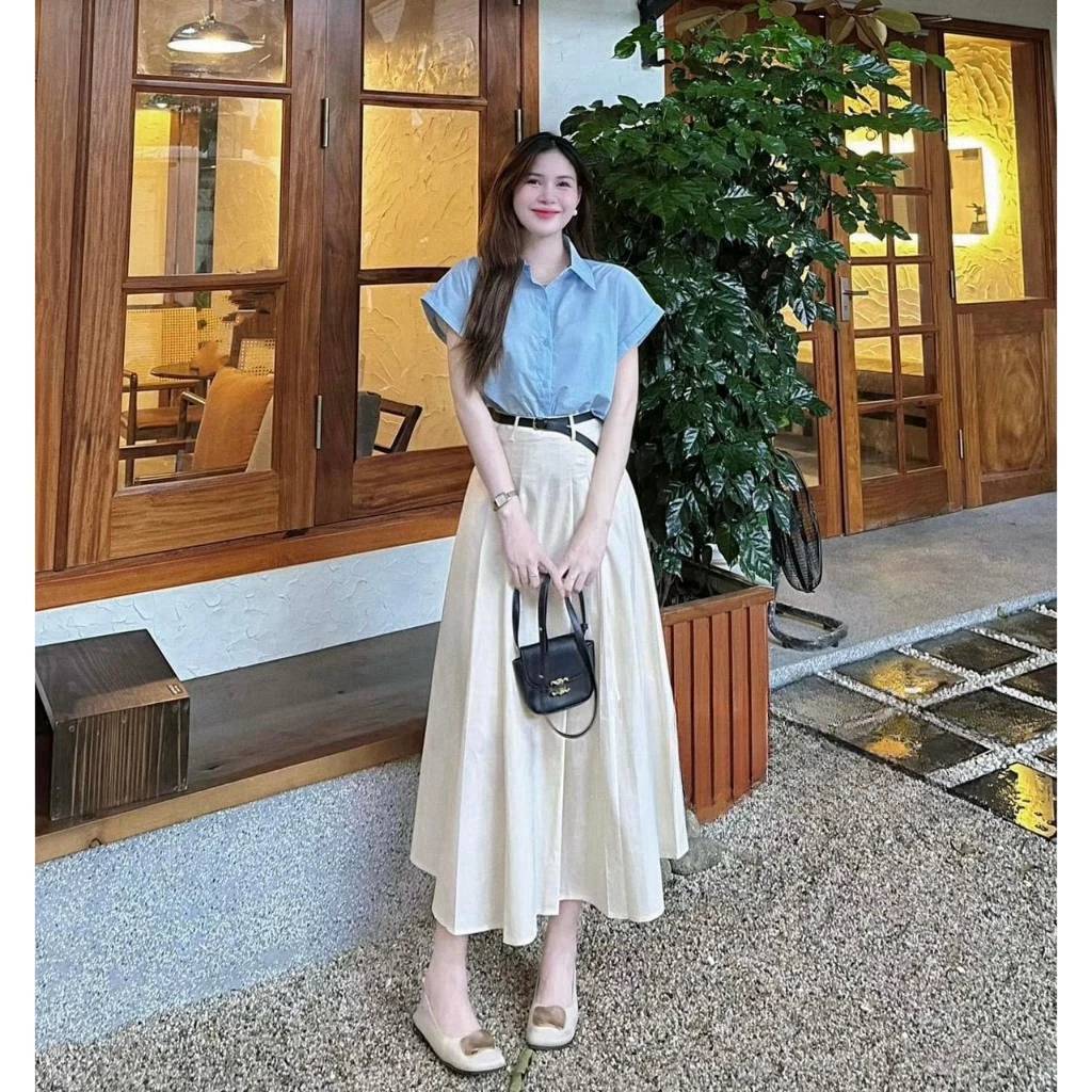 พร้อมส่ง ชุดเซตกระโปรง สไตล์ผู้ดี เสื้อเชิ้ตแขนเบิ้นกระดุมหน้า+กระโปรงเอวเรียบสม็อคหลังมีซับใน A5189
