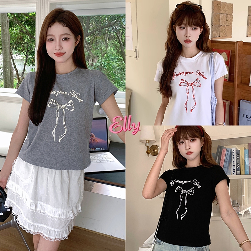 Elly พร้อมส่ง เสื้อครอปท็อป Y2K croptop เสื้อยืดแฟชั่นผู้หญิง เสื้อรัดรูปสีขาว แขนสั้นคอกล พิมพ์ลายตัวอักษร สไตล์เกาหลี