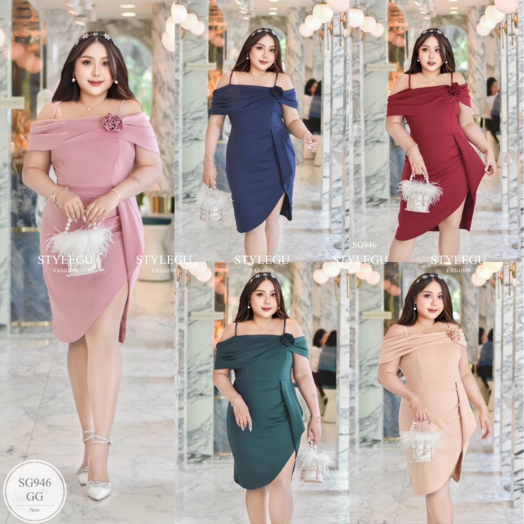 SG946 ชุดเดรสออกงาน สำหรับสาวอวบ มีดอกไม้แต่ง - Clothing, Women