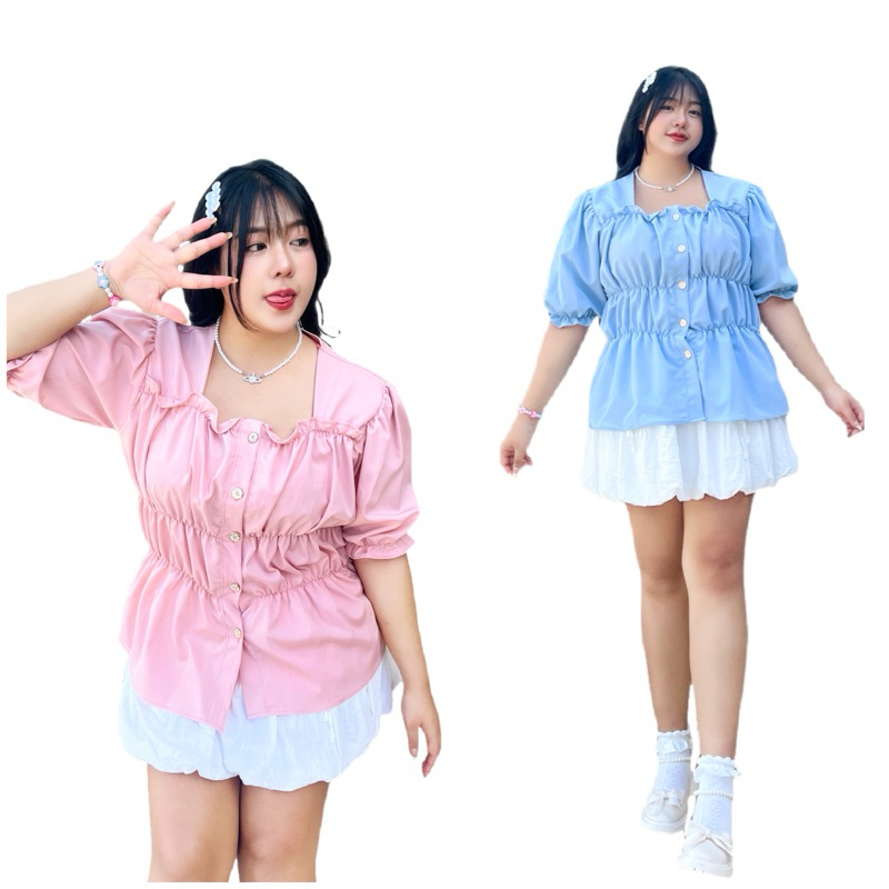 เสื้อสาวอวบสม๊อกหน้า ปลายแขนจั๊ม อก 42-50 นิ้ว ผ้าครัชอย่างดี ใส่แล้วน่ารักมาก